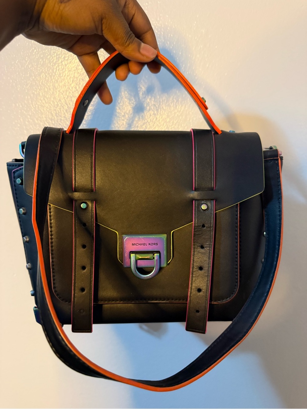 Michael Kors Black Leather Satchel with Neon Pink and Orange Trim